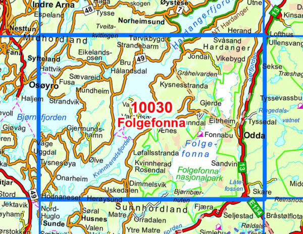 Folgefonna 1:50 000 - Kart 10030 i Norges-serien