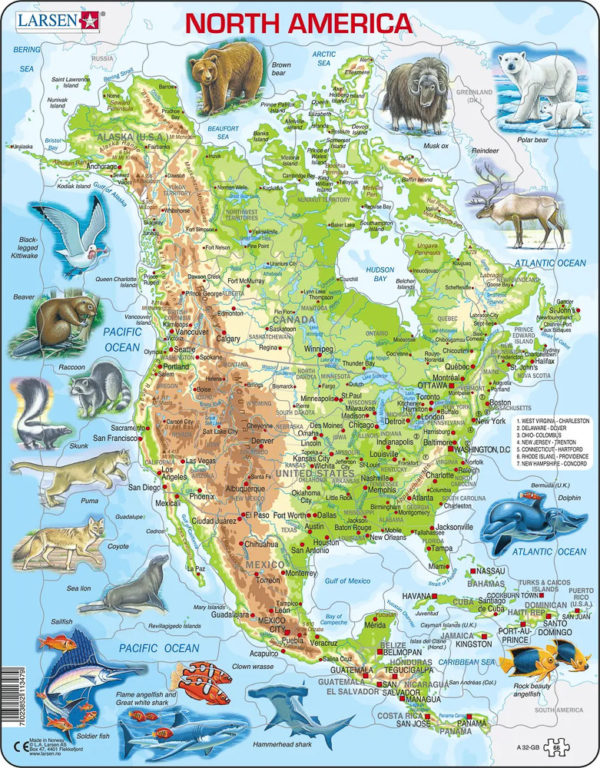 Puslespill - Nord-Amerika, kart med dyr - A32