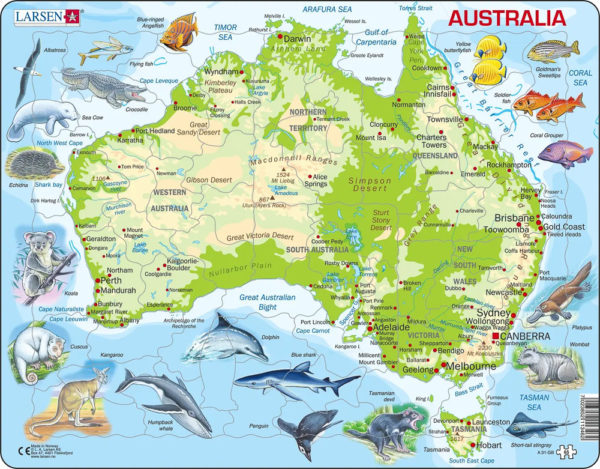 Puslespill - Australia, kart med dyr - A31