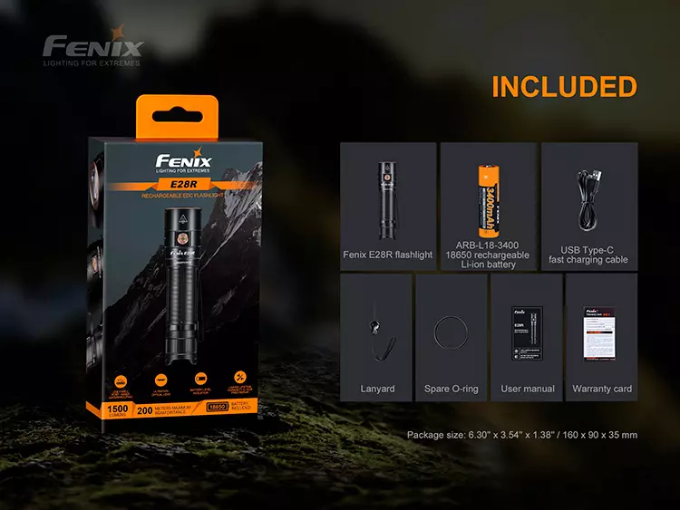 Fenix E28R - 1500 Lumen LED lykt - Følger med
