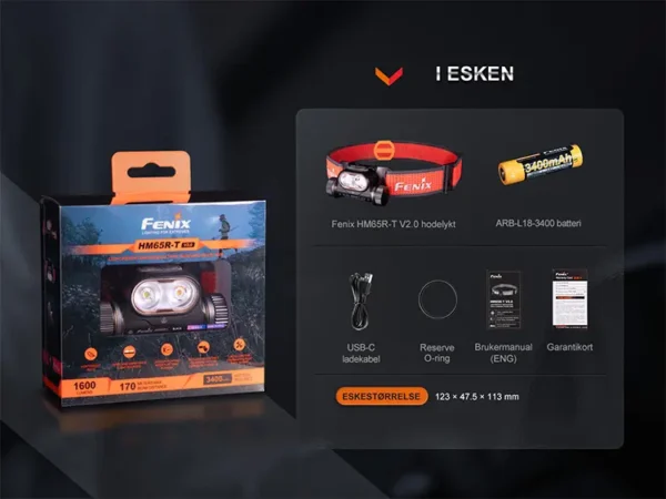 Fenix Hodelykt HM65R-T-V2 - 1600 lumen LED lykt