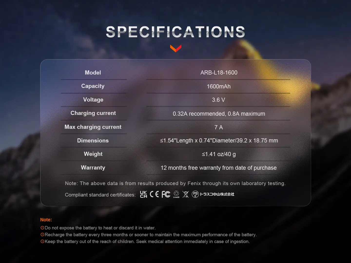 Fenix ARB-L18-1600 18350Batteri oppladbar 1600mAh