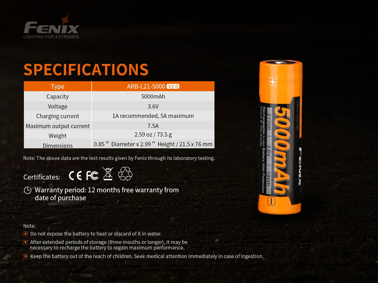 Fenix ARB-L21-5000 V2 21700 Batteri oppladbar 5000 mAh
