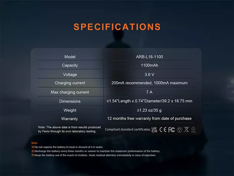 Fenix 18350 CR123 LI-ION Batteri oppladbar 1100mAh